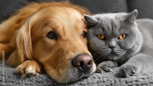 Obraz na płótnie Golden retriever enjoys cozy moment with British Shorthair cat in a relaxed indoor setting w salonie