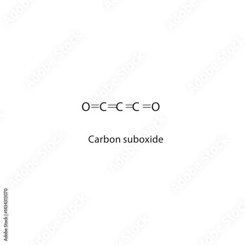Carbon suboxide skeletal structure. Cumulene compound schematic illustration. Simple diagram, chemical formula.
