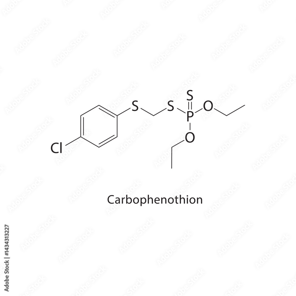 Carbophenothion skeletal structure. Organophosphate pesticide compound schematic illustration. Simple diagram, chemical formula. Carbophenothion skeletal structure. Organophosphate pesticide compound schematic illustration. Simple diagram, chemical formula.