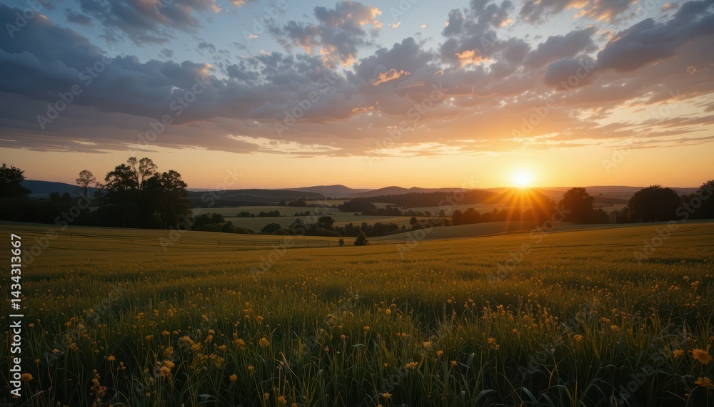 Fototapeta premium Golden Sunset Over Rolling Hills and Lush Green Fields