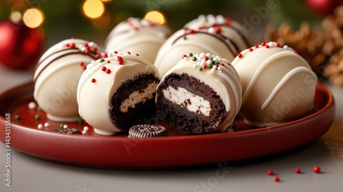 Delightful Christmas-themed Oreo Balls with festive sprinkles on a cozy red plate in warm holiday lighting