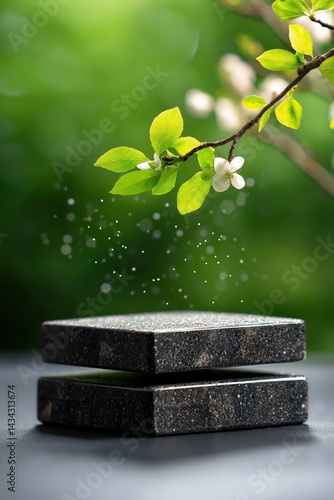 Obraz na płótnie Empty black podium surrounded by natural spring foliage and soft light with floral accents w salonie
