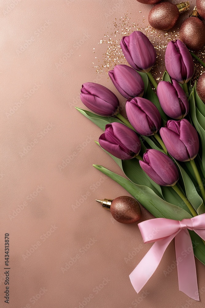 Dark purple tulips adorned with a pastel pink ribbon enhance a warm sand-colored background for a charming decorative display