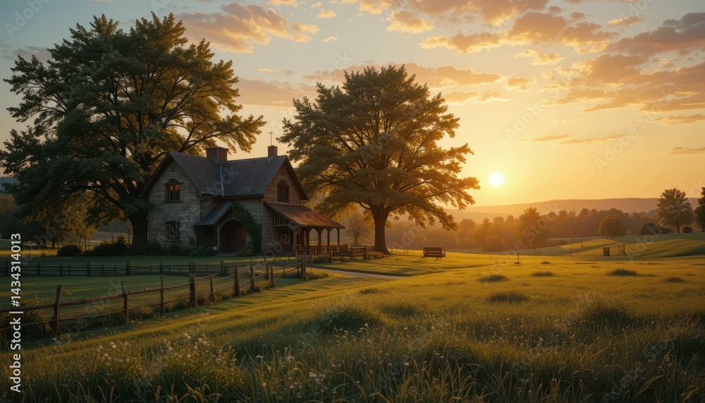 Fototapeta premium Charming Rustic House with Lush Green Landscape at Sunset