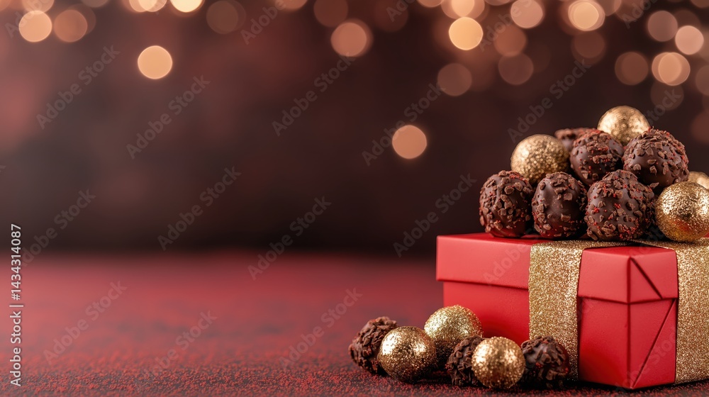 Chocolate candies arranged in a red craft box with golden accents on a bright coral background for holiday celebrations