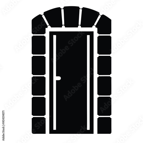 Stylized stone framed door with rounded arch in minimalist black and white