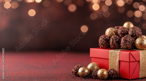 Obraz na płótnie Chocolate candies arranged in a red craft box with golden accents on a bright coral background for holiday celebrations w salonie