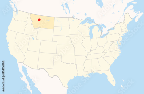 Location Map of the city Great Falls in Montana, USA. The state is marked orange and the city is highlighted with a red dot. No labels at all.