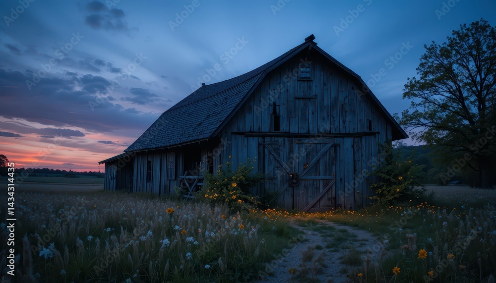 Fototapeta premium Serene Barn Under Twilight Sky with Wildflowers in Foreground