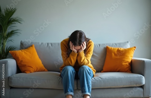 Woman sitting on sofa, head in hands. Overwhelmed with stress, frustration, feeling mentally exhausted, emotionally drained. Mental health, depression, anxiety, burnout concept. Isolation, quiet.