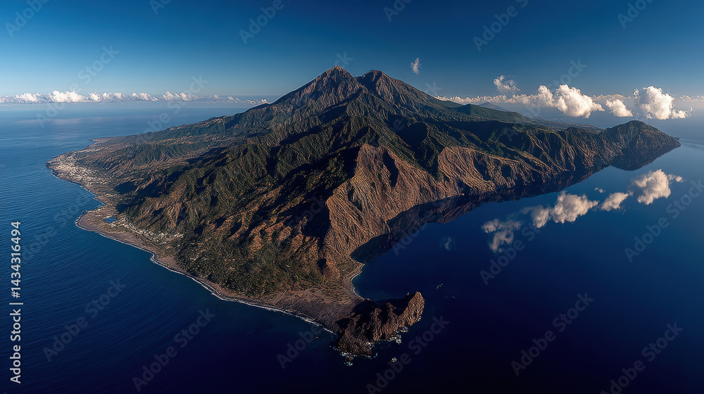 Naklejka premium An aerial view showcases the majestic mountain peak rising above a vast island, with stunning blue waters reflecting the sky under clear daylight conditions.
