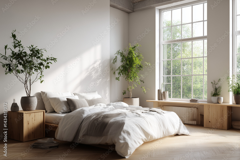 Fototapeta premium A bright minimalist bedroom with indoor plants, a large window, and clean white bedding.