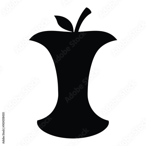 Silhouette of an apple core with leaf and stem against white background