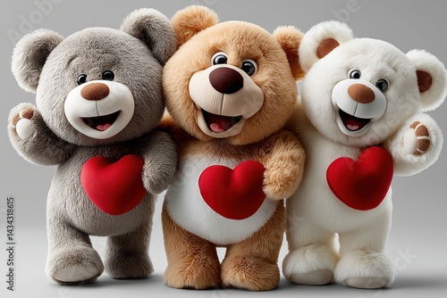 Obraz na płótnie Trio of cute teddy bears joyfully holding red hearts on a transparent background for love-filled moments w salonie