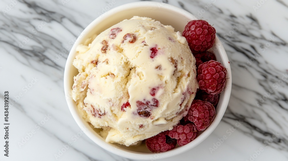 Delicious ice cream with raspberries in a white bowl, marble surface Delicious ice cream with raspberries in a white bowl, marble surface