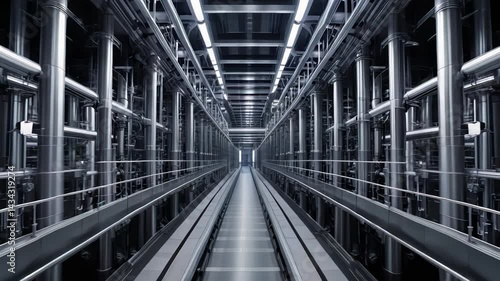 Wallpaper Mural Long futuristic metallic factory corridor with endless rows of pipes and lights, cold steel structure, highly technological environment, concept of industrial innovation Torontodigital.ca