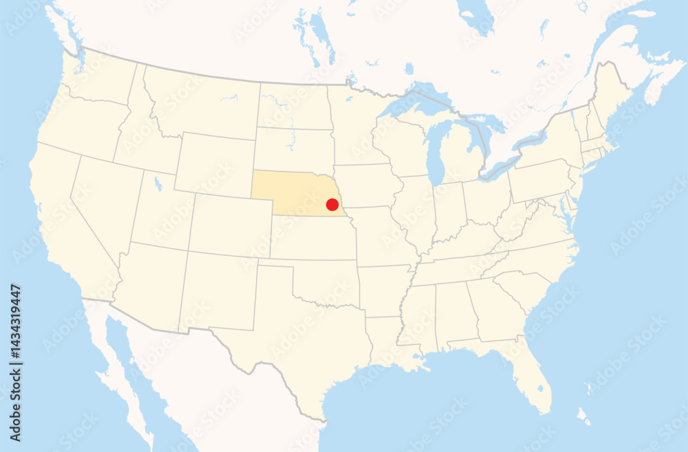Fototapeta premium Location Map of the city Lincoln in Nebraska, USA. The state is marked orange and the city is highlighted with a red dot. No labels at all.