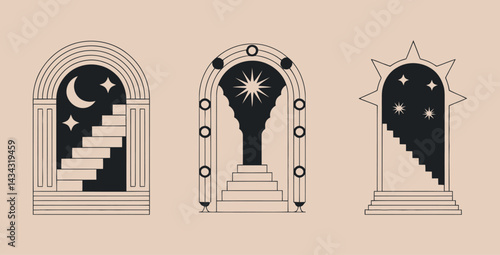 Vászonkép Celestial Gateways Mystical Arches To Moon Star And Sun With Steps Graphic Vecto