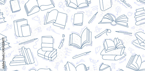 Books backdrop. Line art, doodle seamless pattern