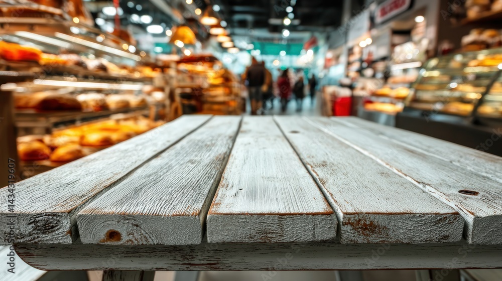 Rustic wood table in a market, blurred interior scene Rustic wood table in a market, blurred interior scene