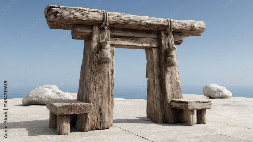 Fototapeta premium Rustic wooden entrance with ocean backdrop