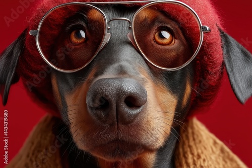 Cool Santa Claus dog wears sunglasses and a festive hat on a vibrant red background, exuding holiday spirit and charm