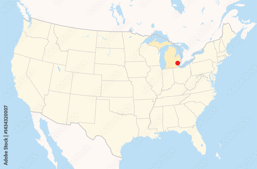Obraz premium Location Map of the city Farmington Hills in Michigan, USA. The state is marked orange and the city is highlighted with a red dot. No labels at all.
