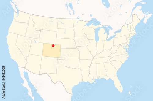 Location Map of the city Fort Collins in Colorado, USA. The state is marked orange and the city is highlighted with a red dot. No labels at all.