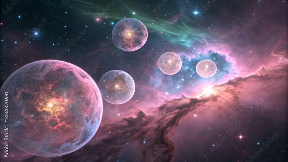 Cosmic Ballet Four Planets in Nebula's Embrace Cosmic Ballet Four Planets in Nebula's Embrace