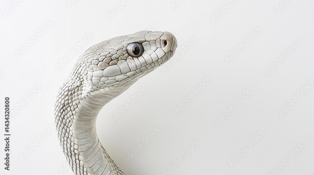 Fototapeta premium Close-up of a light grey snake's head and neck against a white background.