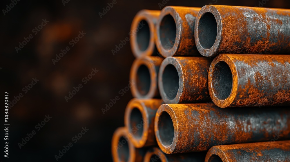 Rusting steel pipes stacked in an industrial warehouse showcase the passage of time and wear from harsh conditions