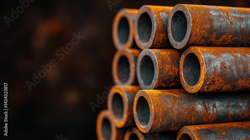 Obraz na płótnie Rusting steel pipes stacked in an industrial warehouse showcase the passage of time and wear from harsh conditions w salonie