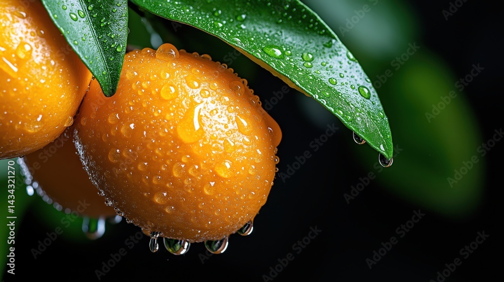 Refreshing early morning view of orange tree branch with dewy ripe citrus fruits enhancing natural beauty