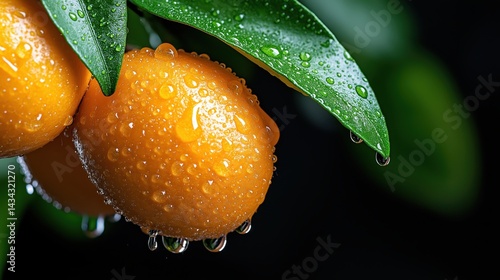 Obraz na płótnie Refreshing early morning view of orange tree branch with dewy ripe citrus fruits enhancing natural beauty w salonie