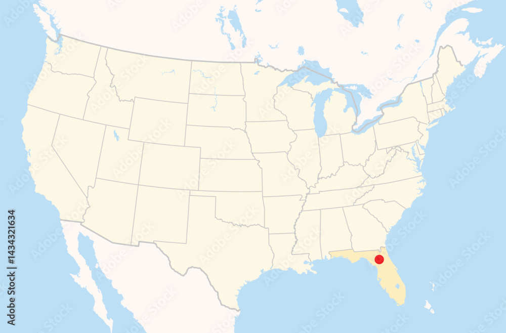 Obraz premium Location Map of the city Gainesville in Florida, USA. The state is marked orange and the city is highlighted with a red dot. No labels at all.