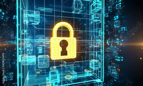 Digital security concept with glowing lock and dynamic cyber interface