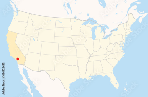 Location Map of the city Fontana in California, USA. The state is marked orange and the city is highlighted with a red dot. No labels at all.