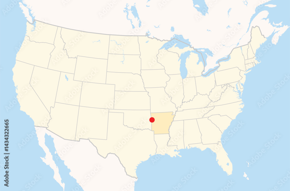 Obraz premium Location Map of the city Fort Smith in Arkansas, USA. The state is marked orange and the city is highlighted with a red dot. No labels at all.
