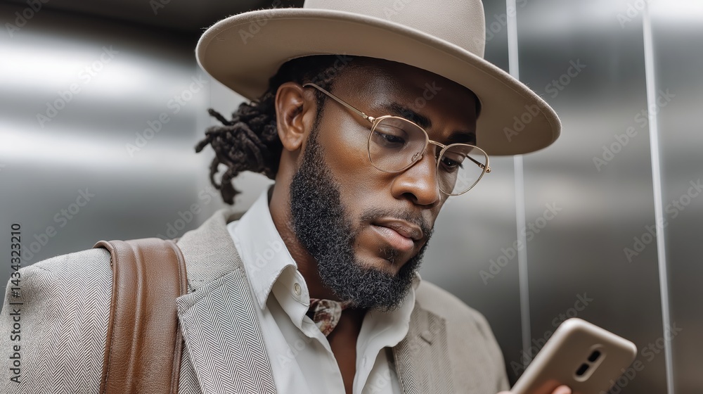 Stylish African American man texts while standing in a modern elevator in the city during midday