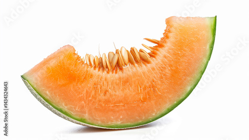 A juicy slice of cantaloupe with its orange flesh, seeds, and light green rind. Fresh and sweet summer fruit.