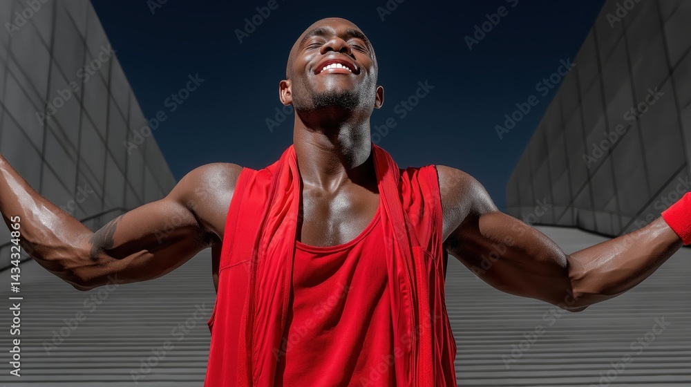 Athlete celebrates victory while standing on stairs with arms outstretched in a moment of freedom and joy
