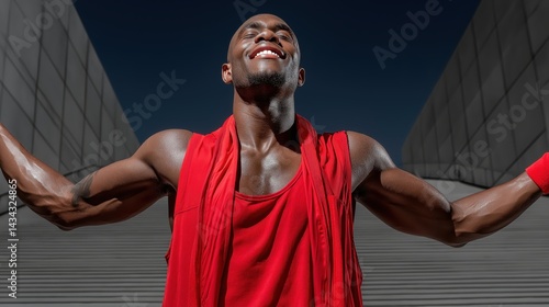 Obraz na płótnie Athlete celebrates victory while standing on stairs with arms outstretched in a moment of freedom and joy w salonie