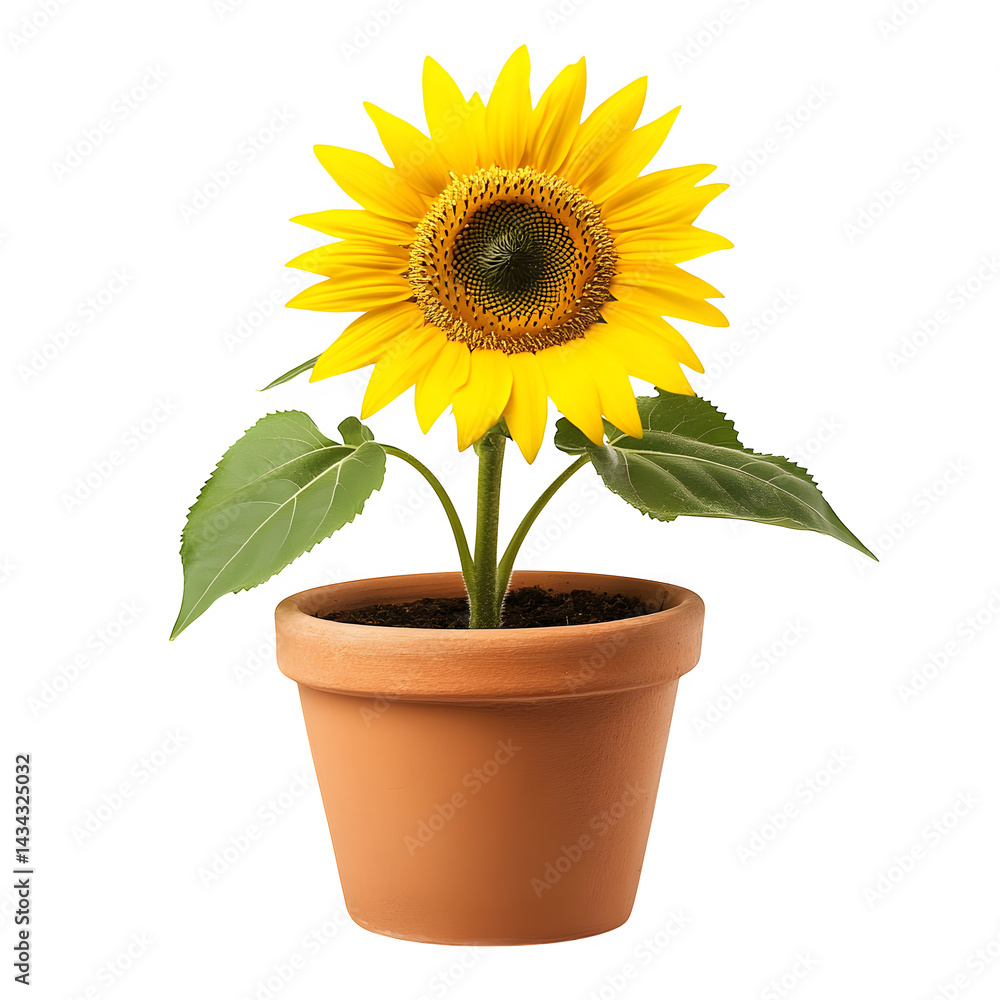 Obraz premium A sunflower in full bloom in a simple clay pot, isolated on white background.