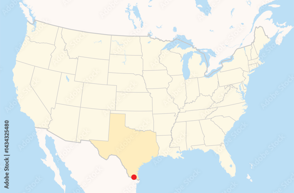 Fototapeta premium Location Map of the city Edinburg in Texas, USA. The state is marked orange and the city is highlighted with a red dot. No labels at all.