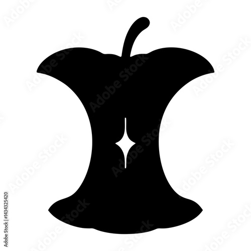 Black and white illustration of an apple core with a star symbol