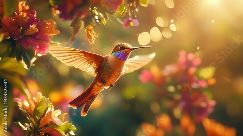 A vivid hummingbird gracefully flutters among bright blooms, showcasing vibrant colors in a sunlit garden setting.