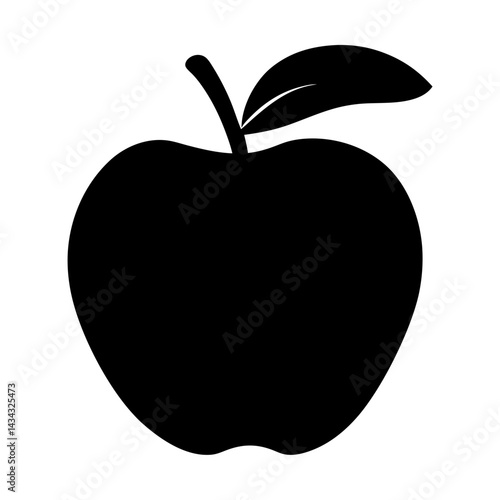 Simple black silhouette of a ripe apple with stem and leaf