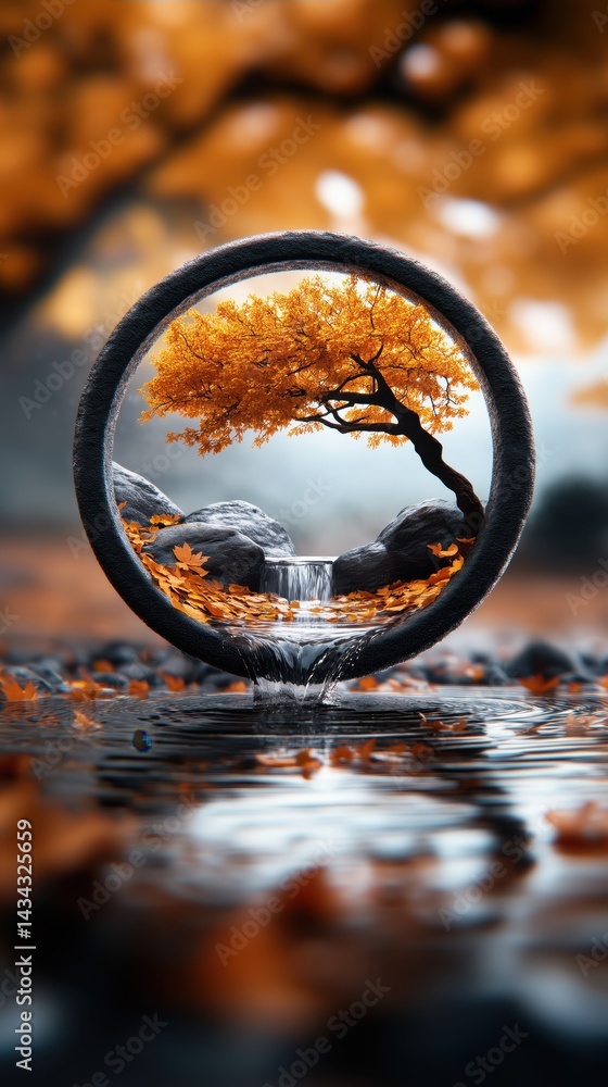 Captivating autumn landscape featuring a vibrant tree reflected in serene water at a tranquil location