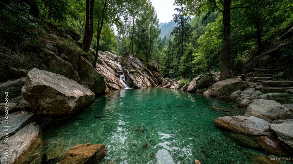 Fototapeta premium Serene turquoise pool nestled in a lush, green forest