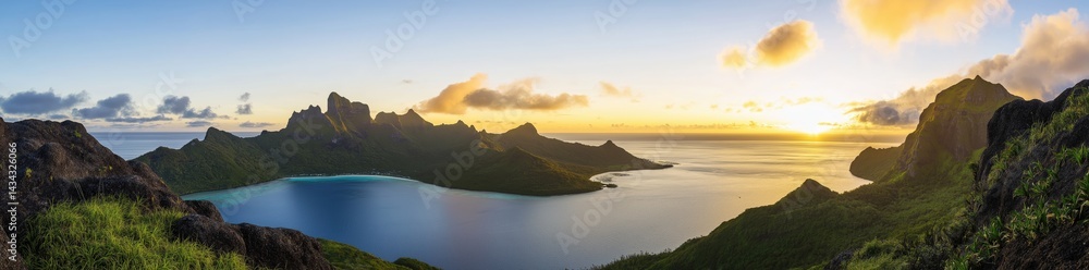 Obraz premium Panoramic view of a colorful sunset over a calm sea or lake,created by ai